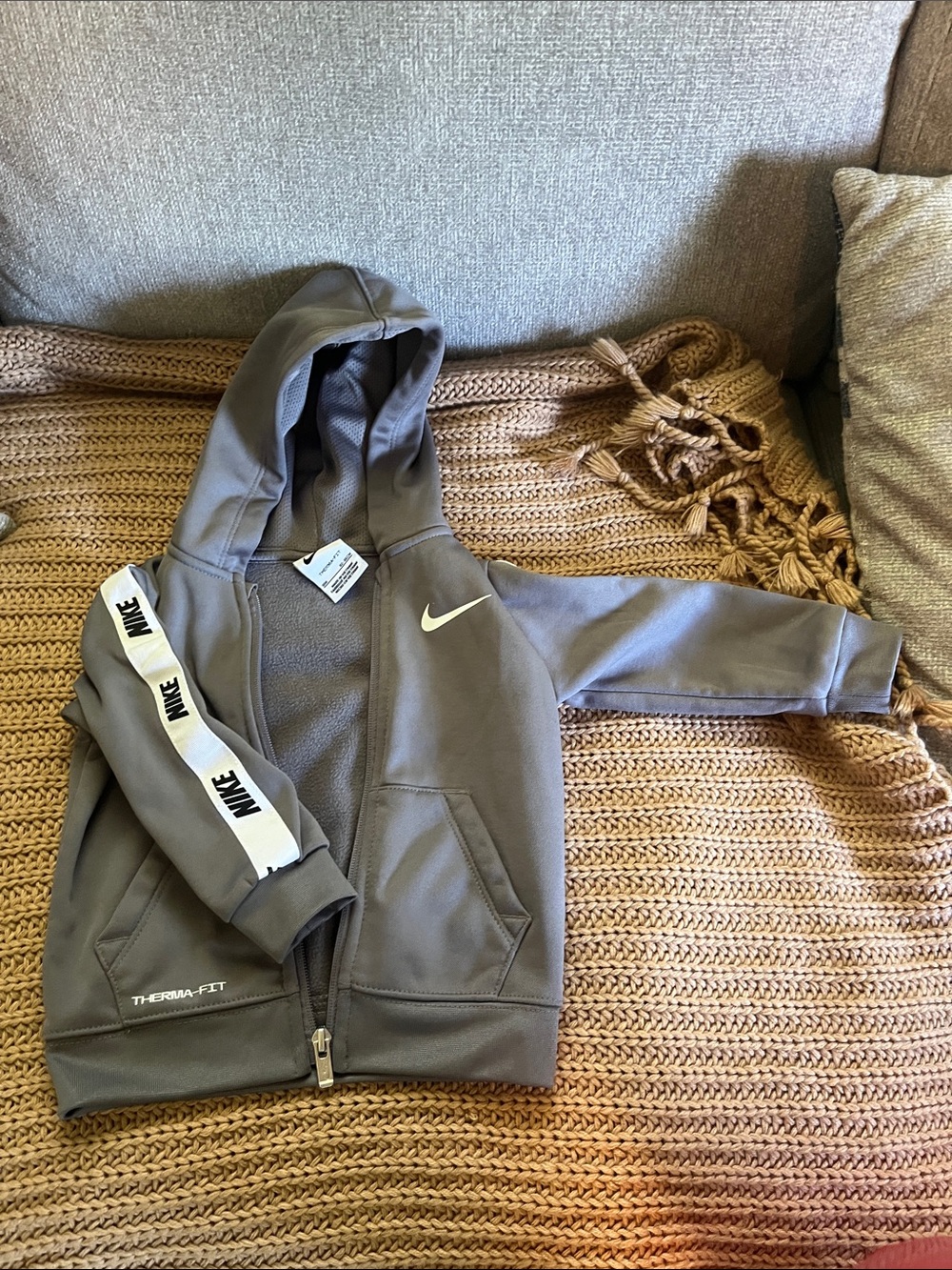 Nike Kids Gray Zip Hoodie with White Logo Tape